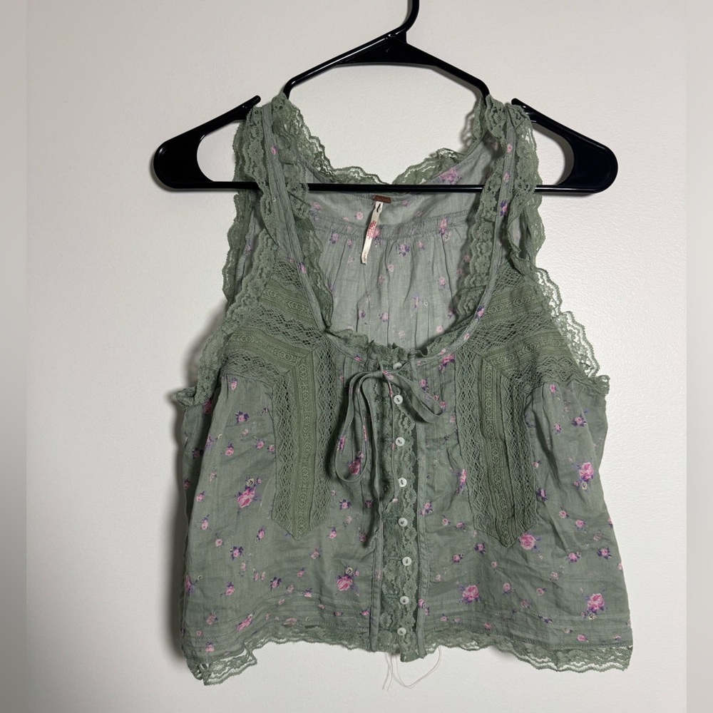 Free People Sage Green Floral Lace Tank Top Boho Button Front S